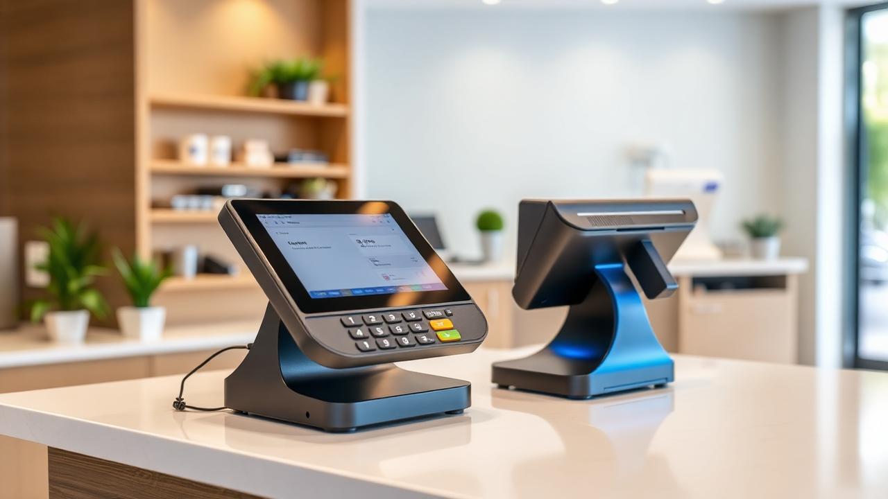 In-office EMV chip and contactless terminal at a healthcare practice front desk